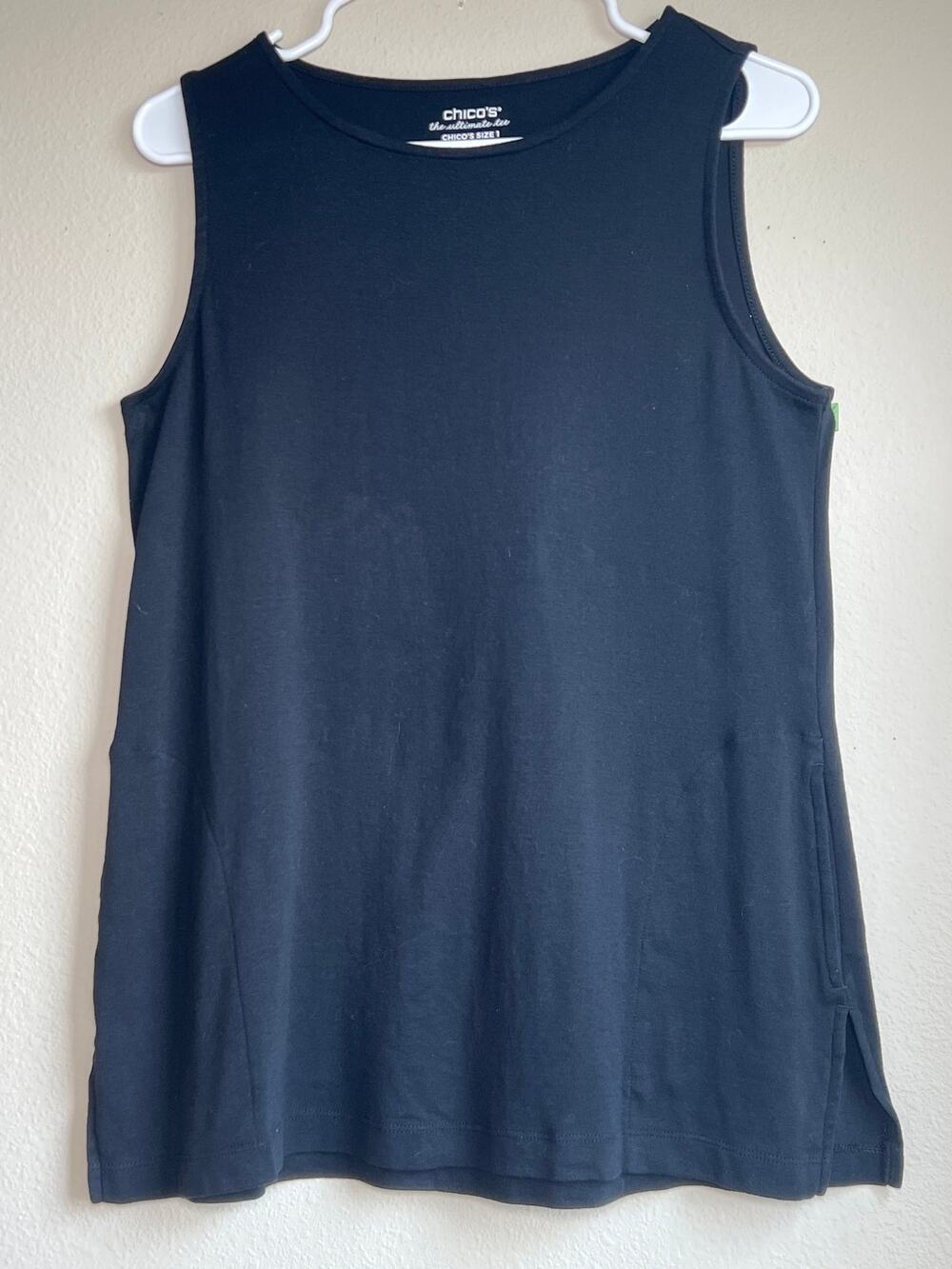 Chicos Black Pima Cotton Tank Top Ultimate Tee Pockets Split Hem Size 1 Medium